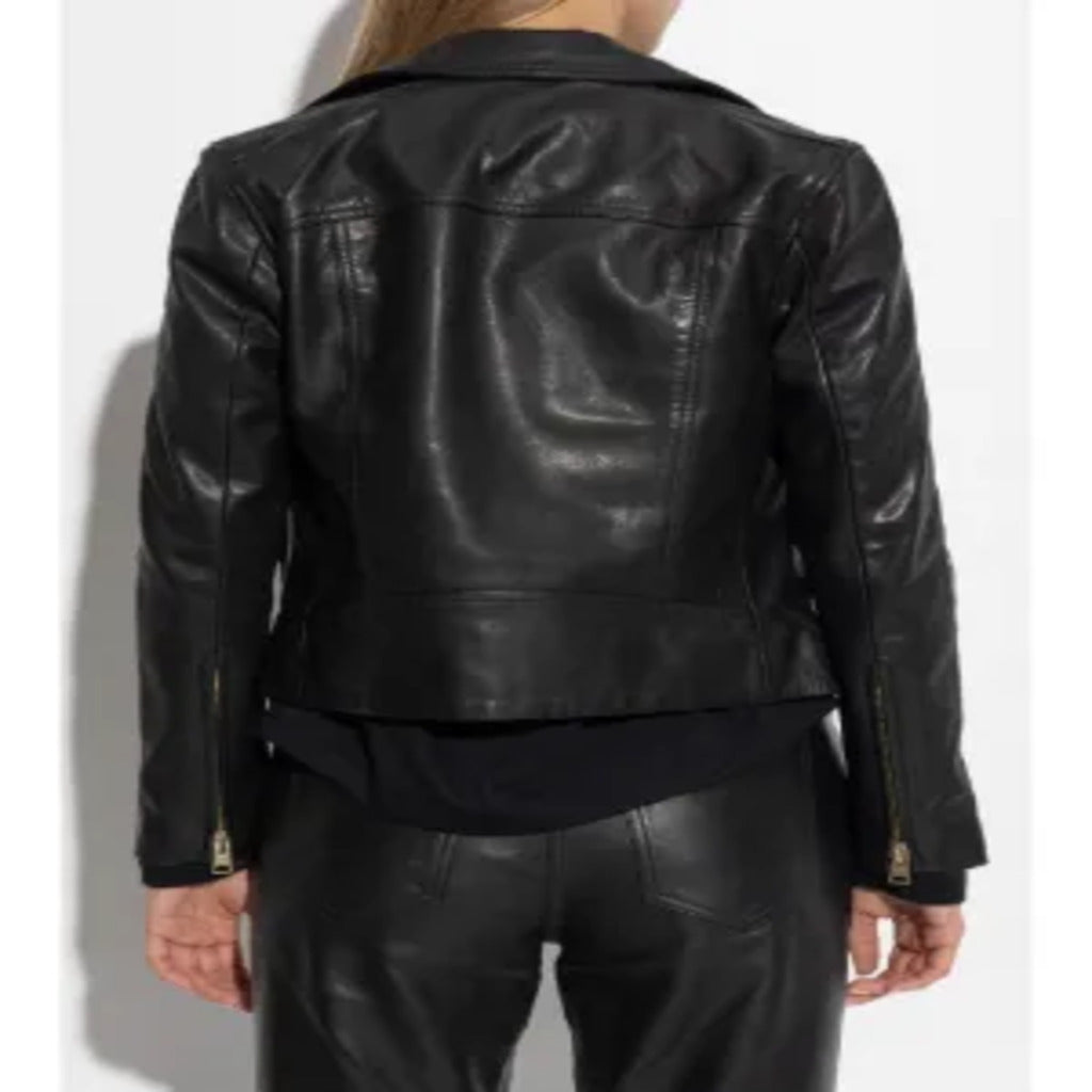 Black Leather Asymmetrical Gold Hardware Biker Moto Crop Jacket