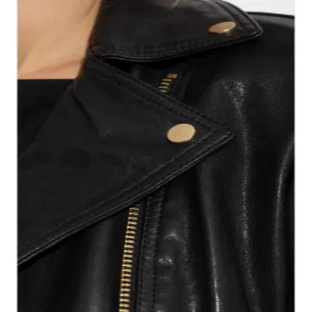 Black Leather Asymmetrical Gold Hardware Biker Moto Crop Jacket