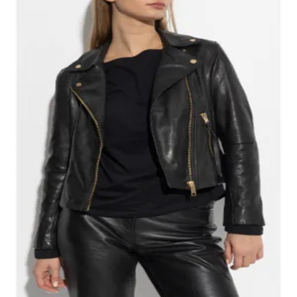 Black Leather Asymmetrical Gold Hardware Biker Moto Crop Jacket