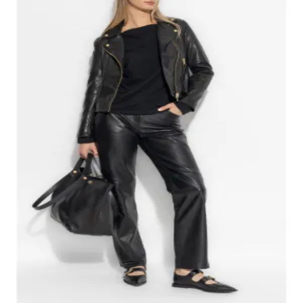 Black Leather Asymmetrical Gold Hardware Biker Moto Crop Jacket