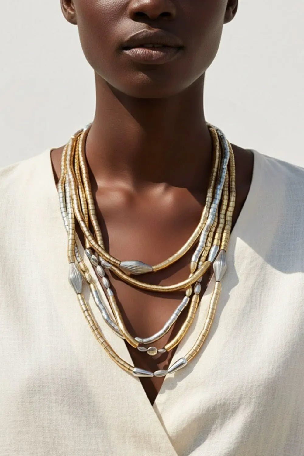 Vintage Two-Tone Multi-Layer Beaded Geometric Necklace