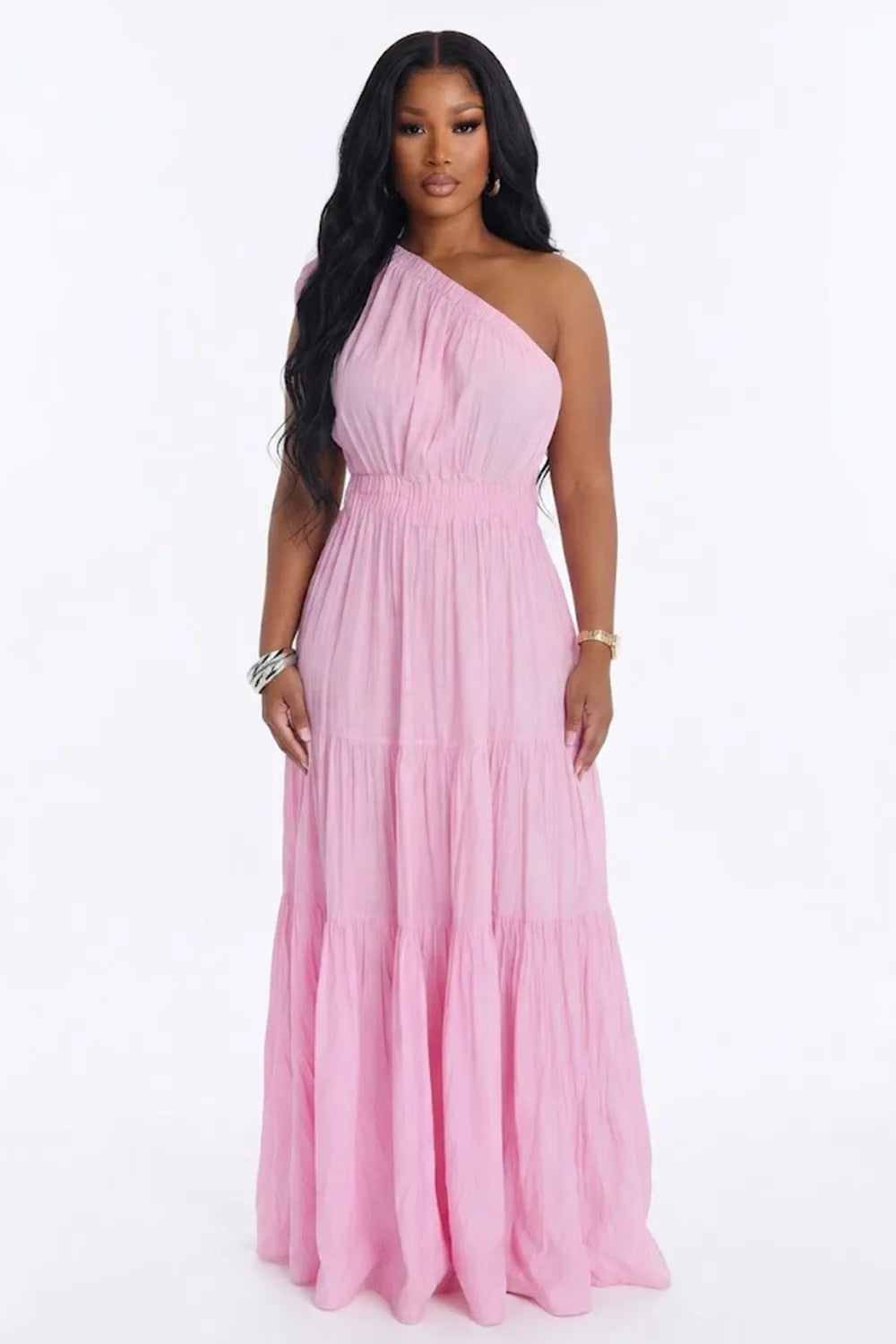 Oblique Collar Solid Color Elastic Waist Tiered Vacation Maxi Dresses-White