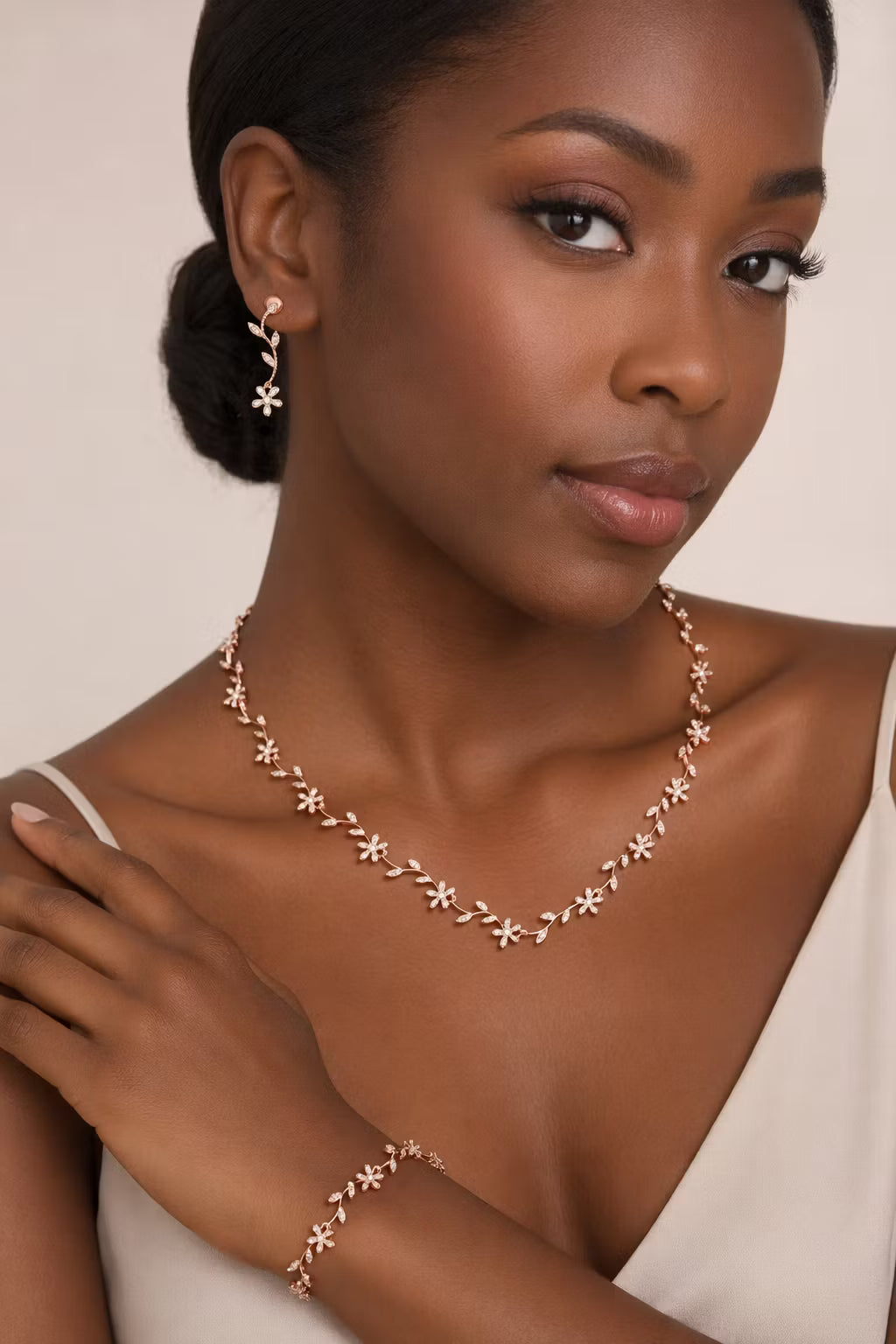 Fashion Inlaid Rhinestone Leaf Floral Necklace Earrings Bracelet 4pcs Set