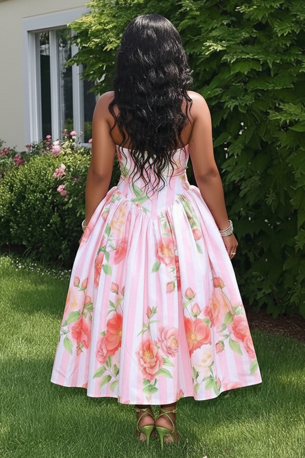 Halter V Cut Backless Floral Print A-Line Gowns Maxi Dresses-Pink