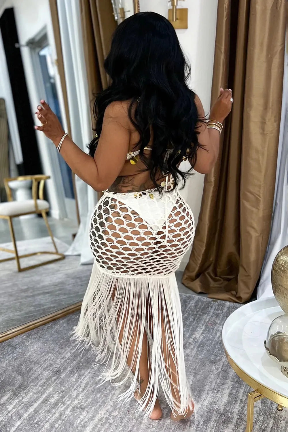 One Shoulder Cut Out Sequin Crochet Fringe Hem Maxi Dresses-White