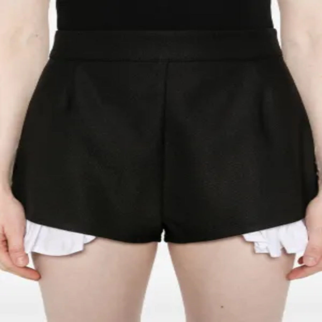 Black High Waist Pleated Shorts with White Ruffle Underlayer