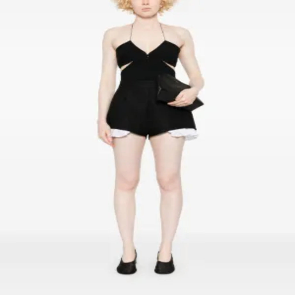 Black High Waist Pleated Shorts with White Ruffle Underlayer