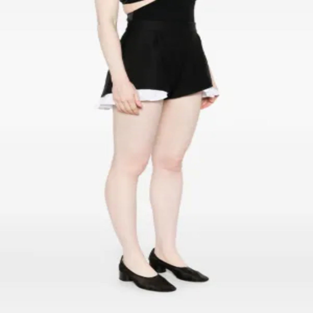 Black High Waist Pleated Shorts with White Ruffle Underlayer
