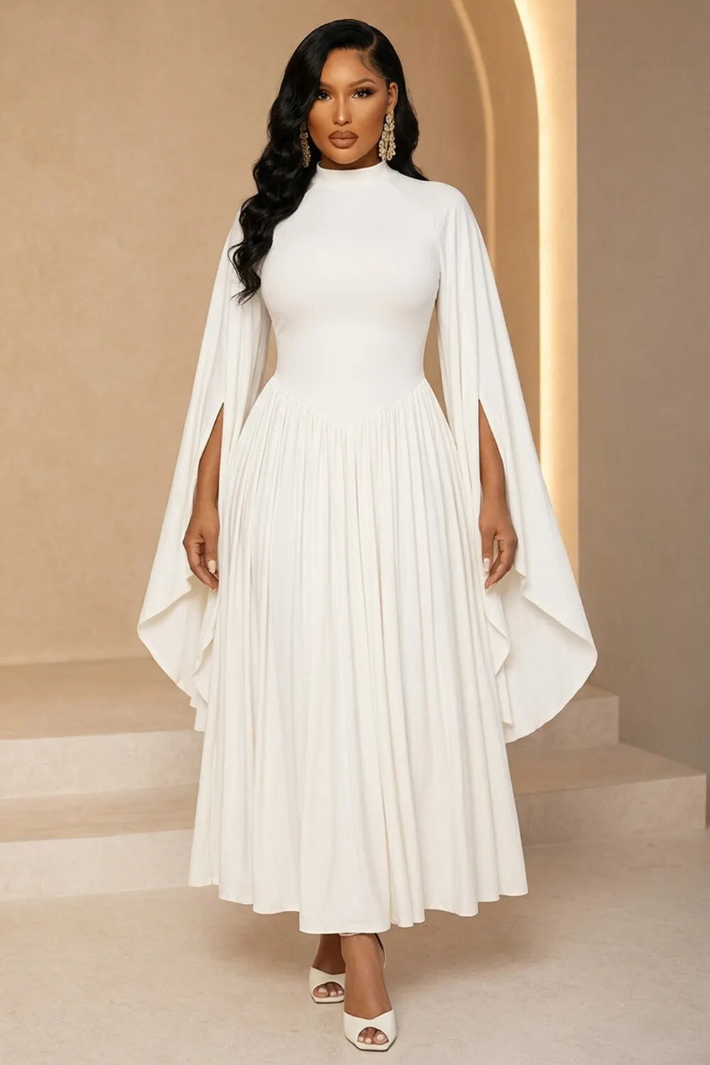 Mock Neck Cape Split Sleeve Pleated A-Line Maxi Dresses-White
