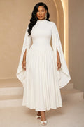 Mock Neck Cape Split Sleeve Pleated A-Line Maxi Dresses-White