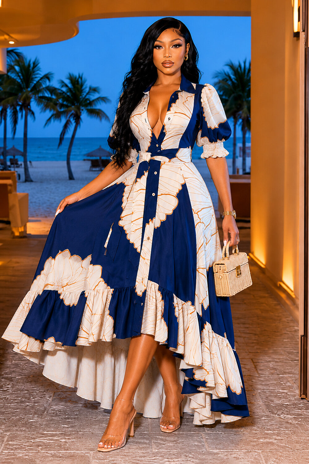 Collar Puff Sleeve Floral A-Line Casual Maxi Dresses