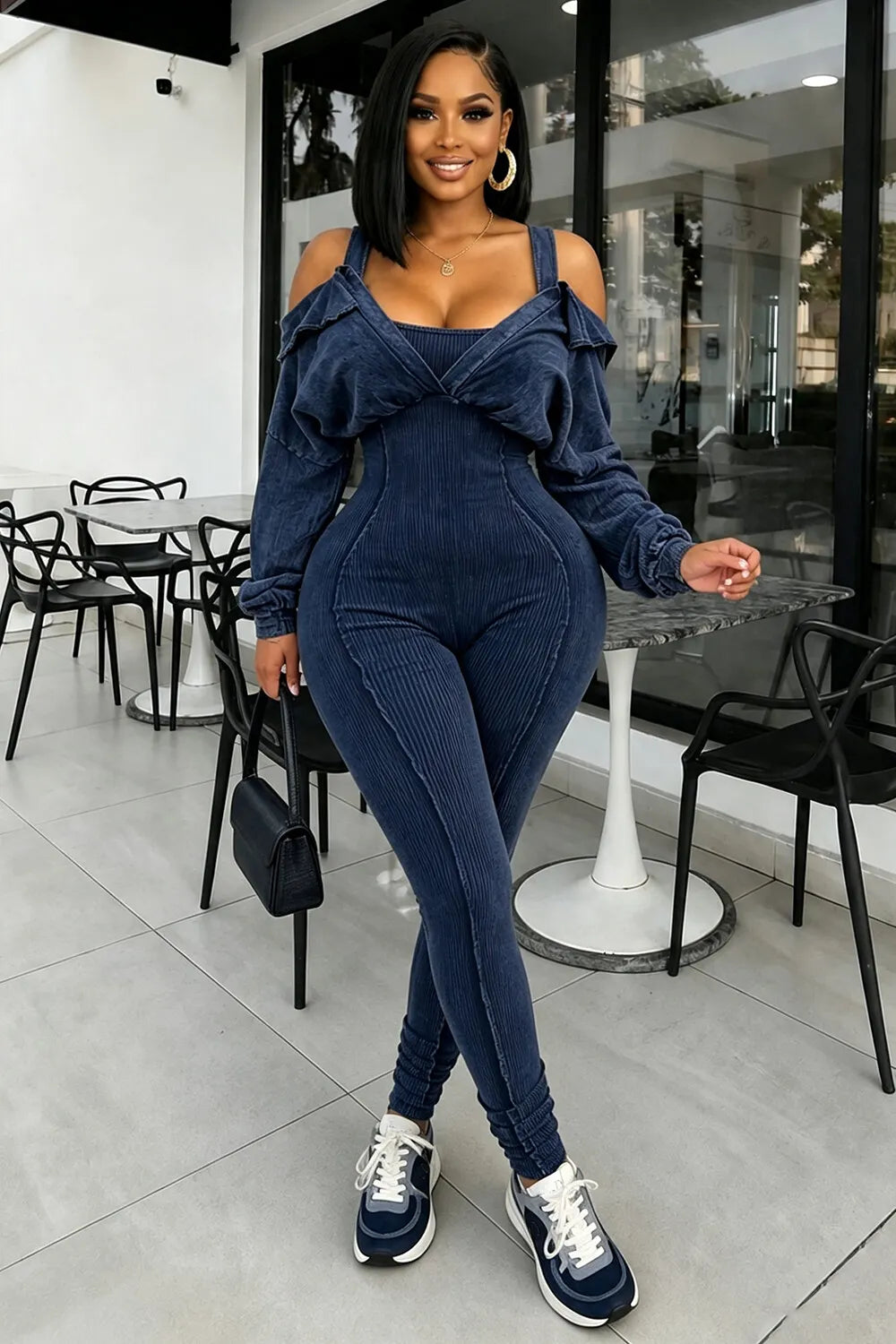 Ribbed Cold Shoulder Long Sleeve Casual Skinny Jumpsuit-Blue