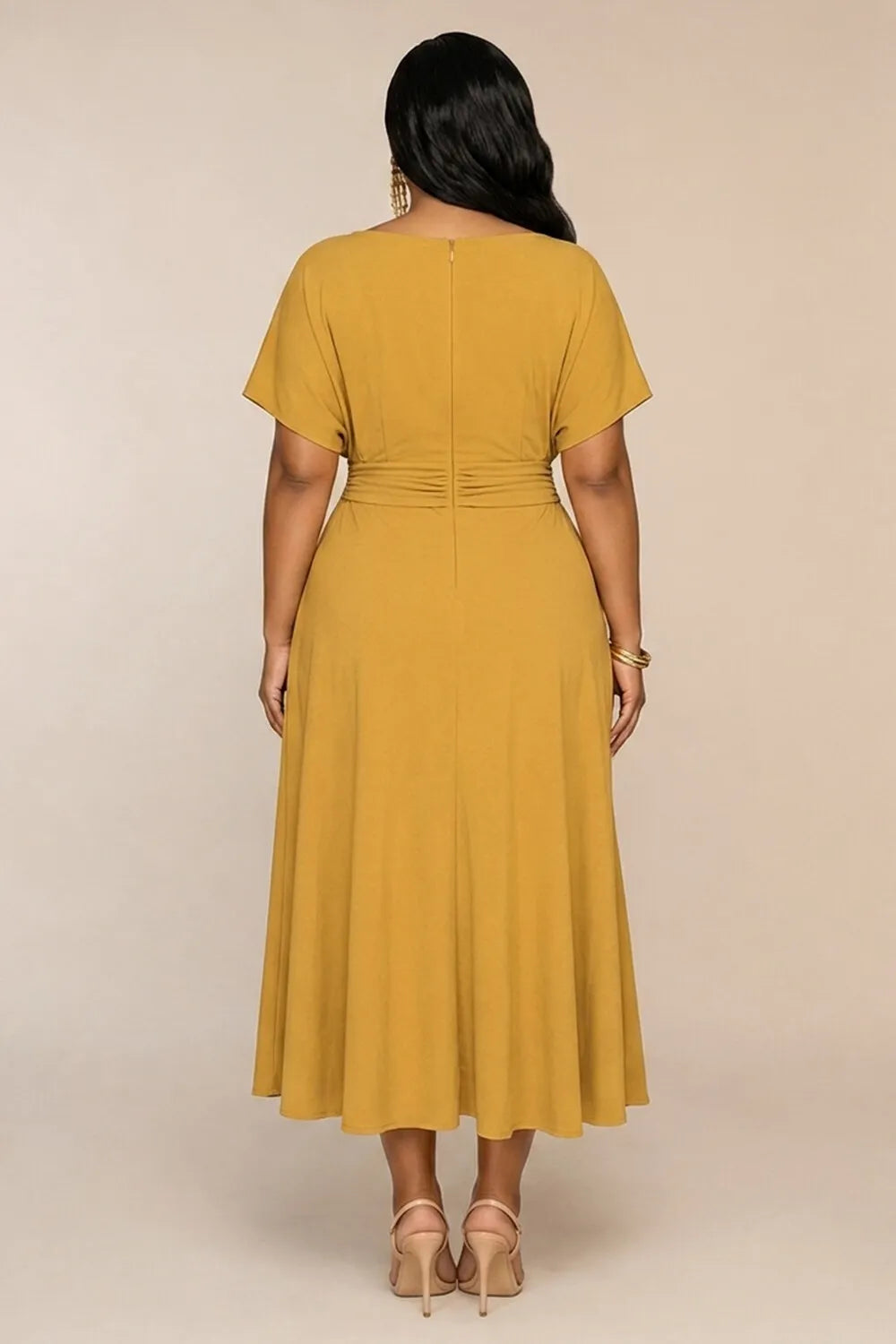 Crew Neck Short Sleeve Cinch Waist Casual Midi Dresses-Yellow