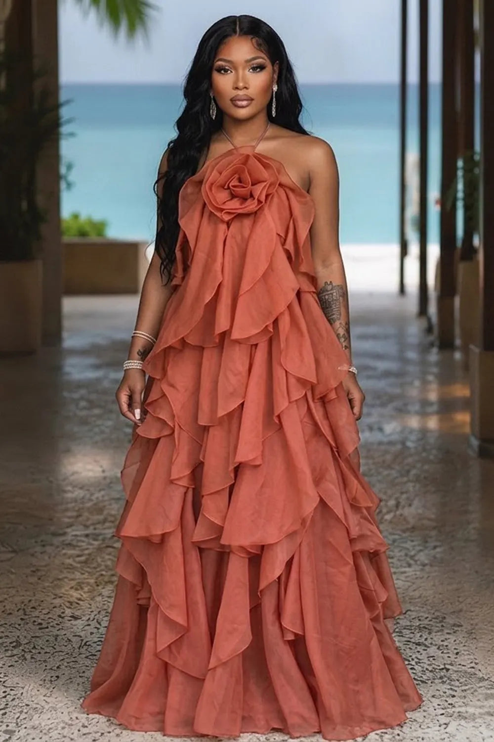 Halter Neck 3D Floral Tiered Flounce Vacation Maxi Dresses-Orange