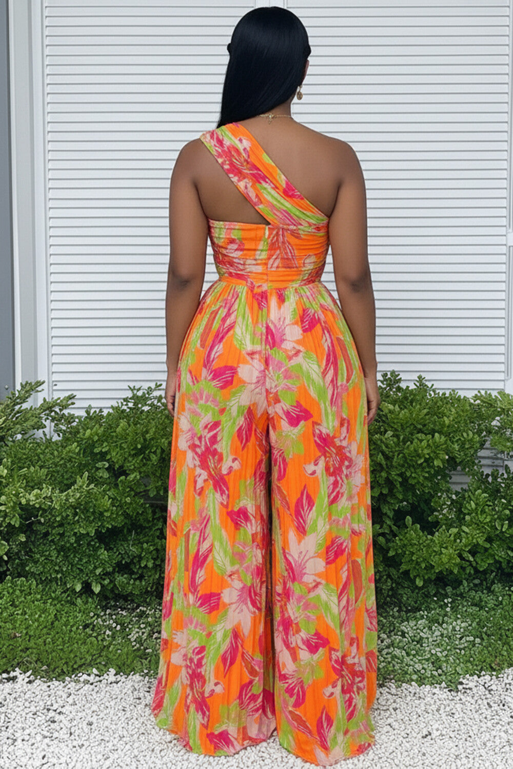 One Strap Cut Out Floral Print Wide Leg Vacation Jumpsuit-Orange
