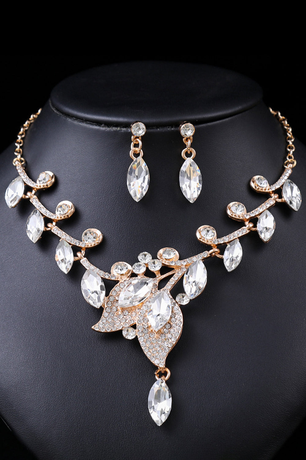 Retro Elegant Geometric Crystal Leaf Shaped Necklace Earrings Jewelry Set