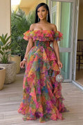 Off Shoulder Ruffle Trim Floral Gowns Maxi Dresses