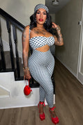Polka Dot Print Tube Top Headscarf Tight Fit Jumpsuit 3pcs Set-Black