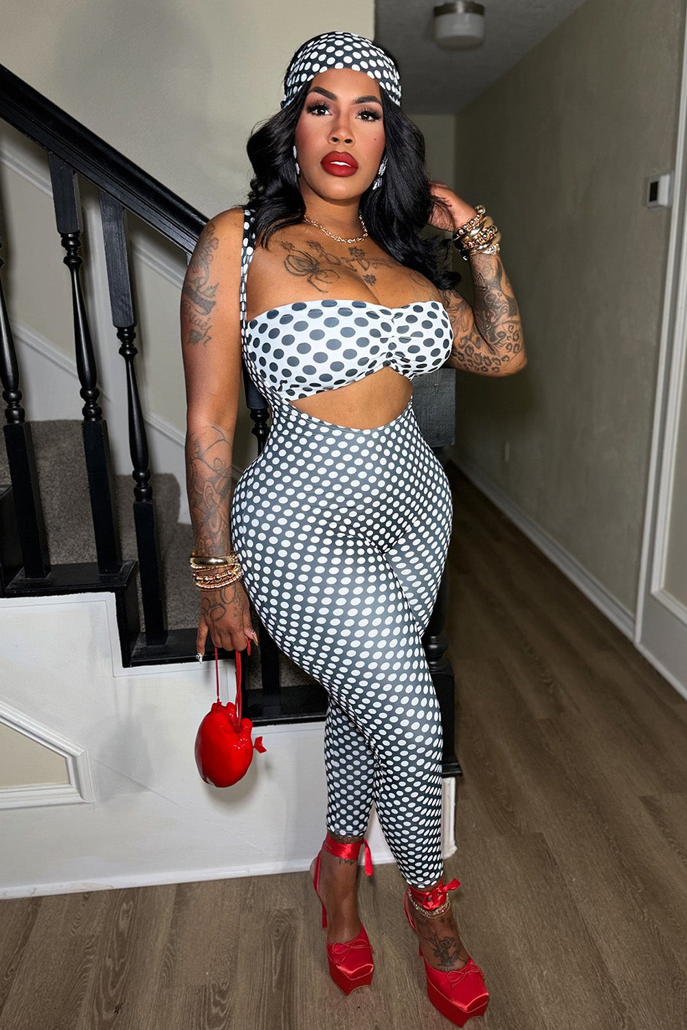 Polka Dot Print Tube Top Headscarf Tight Fit Jumpsuit 3pcs Set-Black