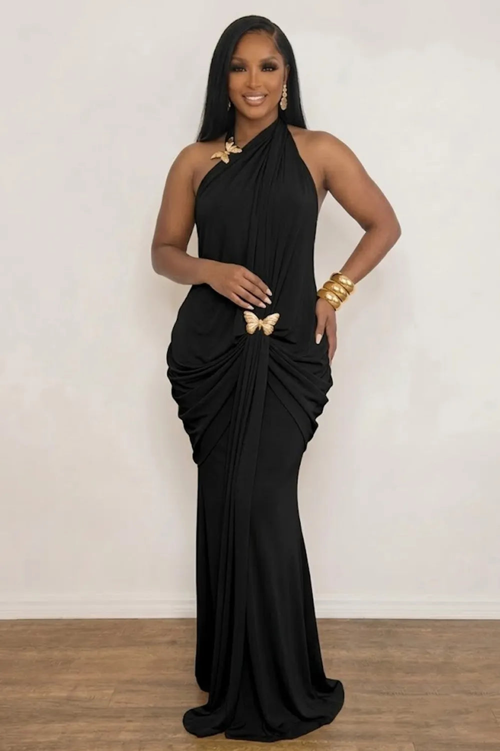 Halter Neck Butterfly Metal Decor Backless Ruffled Gowns Maxi Dresses-Green
