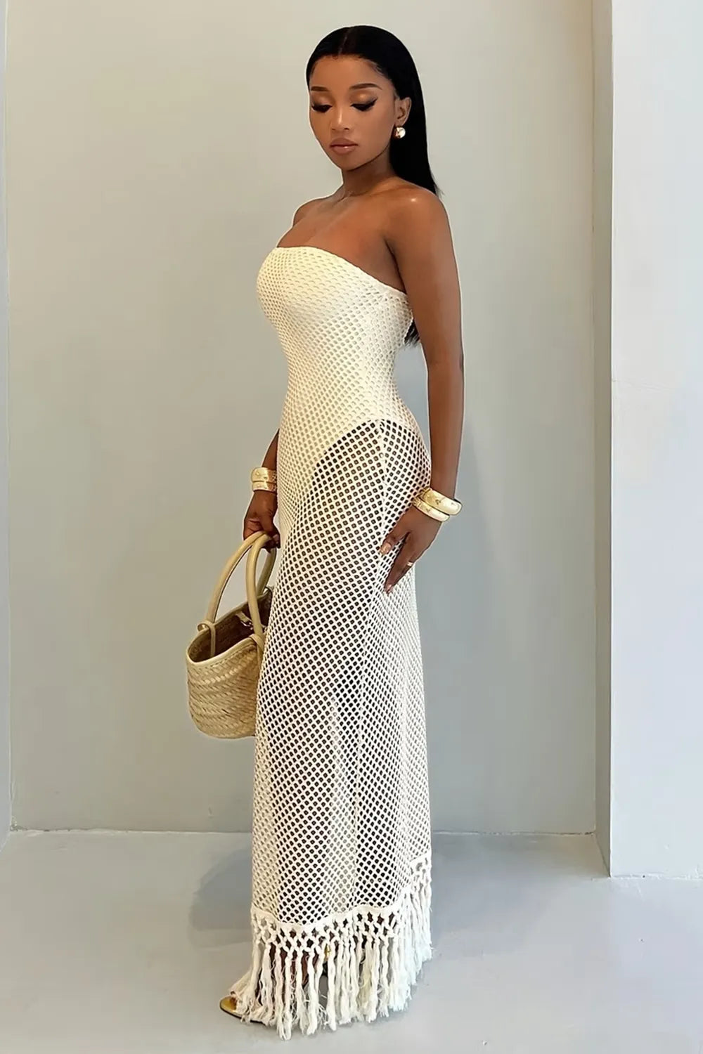 Strapless Bodysuit Slim Fringe Crochet Maxi Skirt Vacation 2pcs Set-Apricot