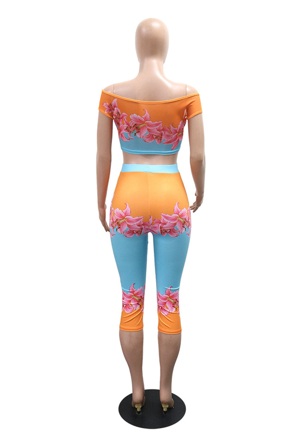 Floral Print Dropped Shoulder Crop Top High Waist Capri Pants 2pcs Set-Orange