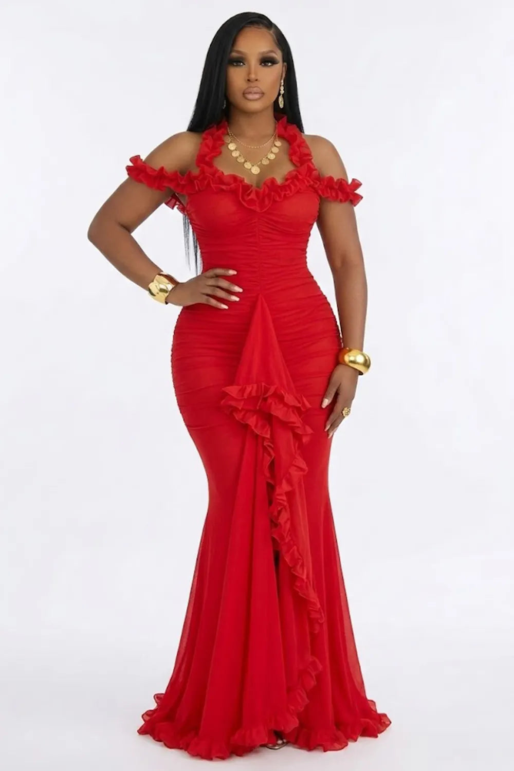 Frilled Halter Neck Off Shoulder Ruched Mermaid Party Maxi Dresses-Green