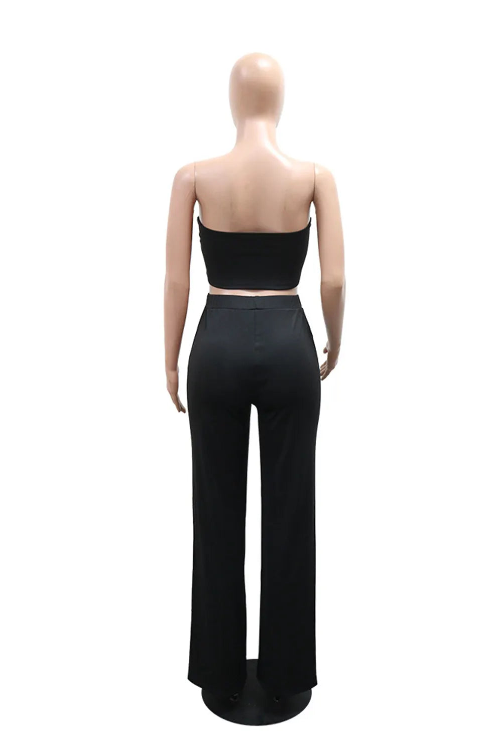 Strapless Contrast Piping Flower Top Wide Leg Pants Casual 2pcs Set-Black