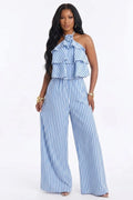 Halter Neck Stripe Print 3D Floral Smocking Ruffled Wide Leg Jumpsuit-Blue