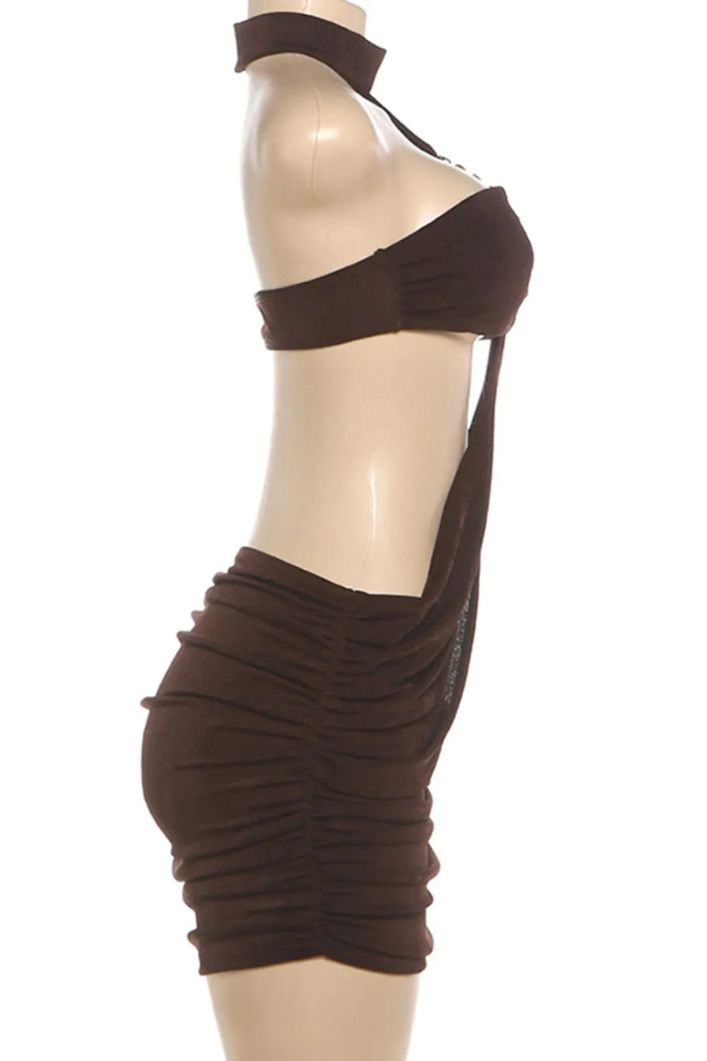 Solid Color Halter Neck Cut Out Ruched Beaded Vacation Mini Dresses-Brown