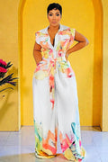 Collar Cap Sleeve Floral Wide Leg Jumpsuit
