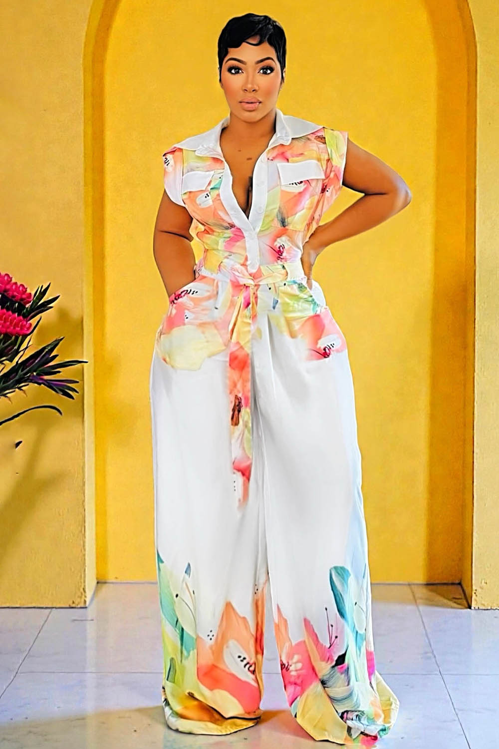 Collar Cap Sleeve Floral Wide Leg Jumpsuit