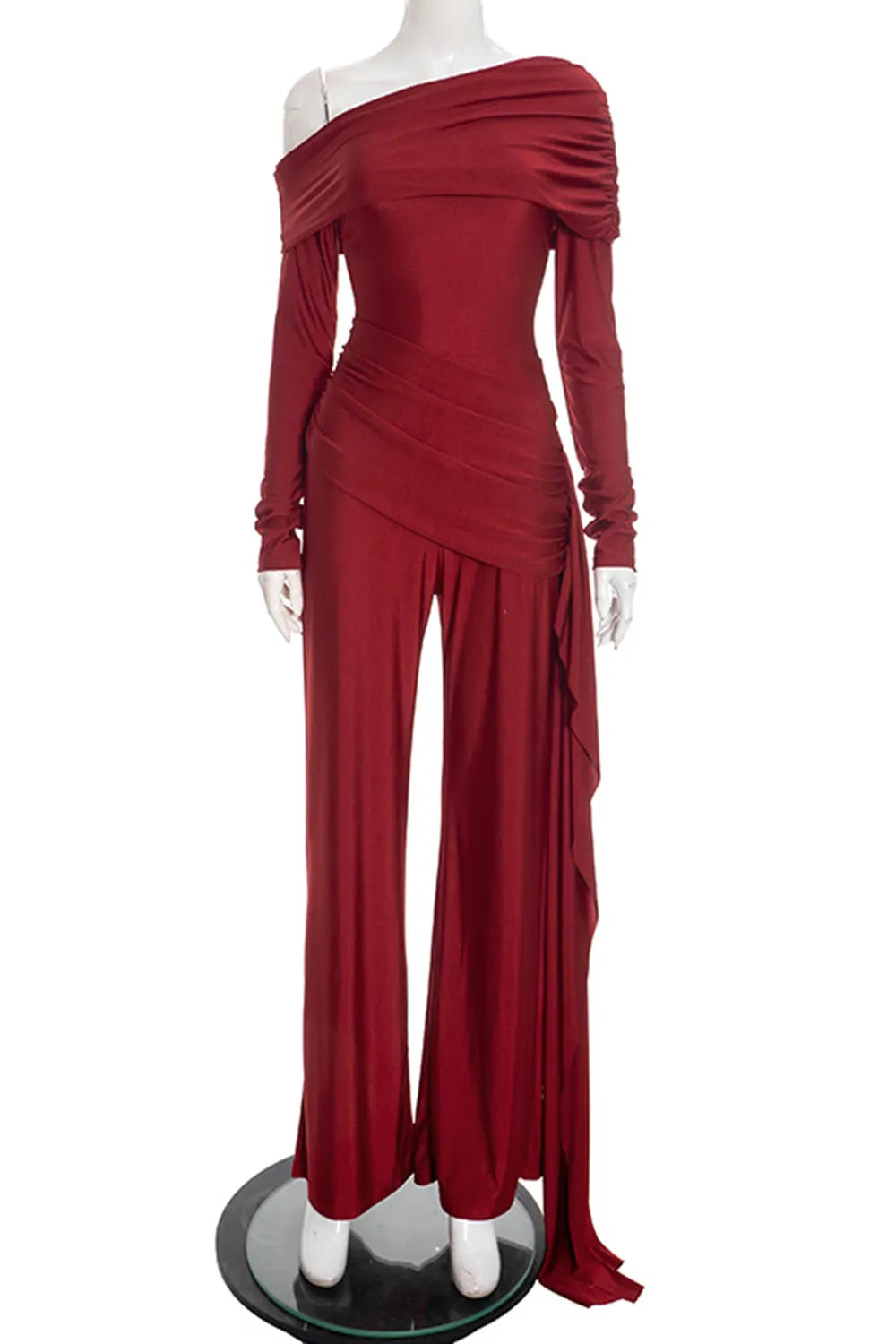 Solid Color Skew Neck Long Sleeve Ruffled Streamer Jumpsuit-Brown