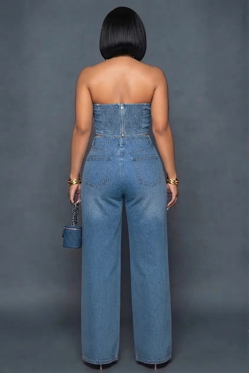 Strapless Top Hollow-Out Wide Leg Pants Denim 2pcs Set-Blue