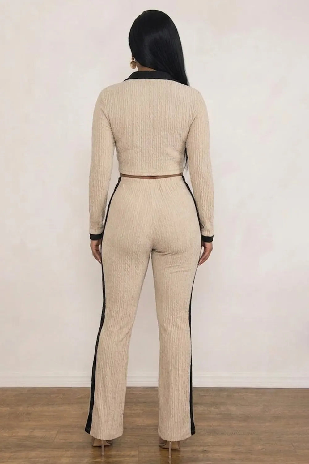 Contrast Trim  Collar Texture Top Flare Leg Pants 2pcs Set-Apricot