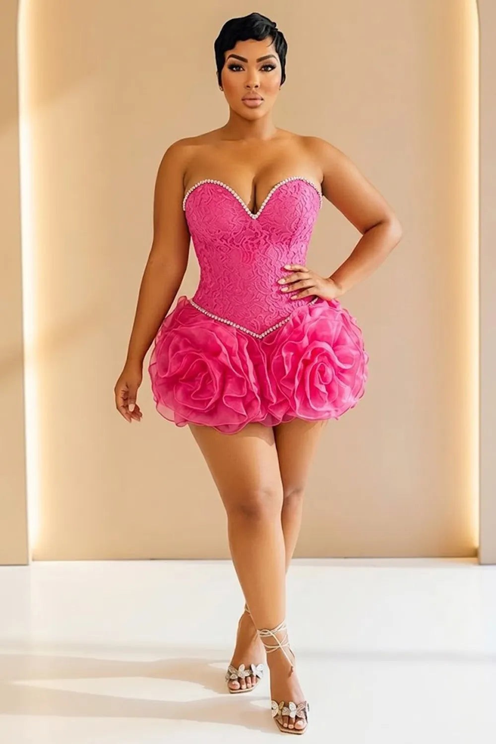 Strapless Rhinestone Jacquard 3D Floral Hem Mini Dresses-Fuchsia