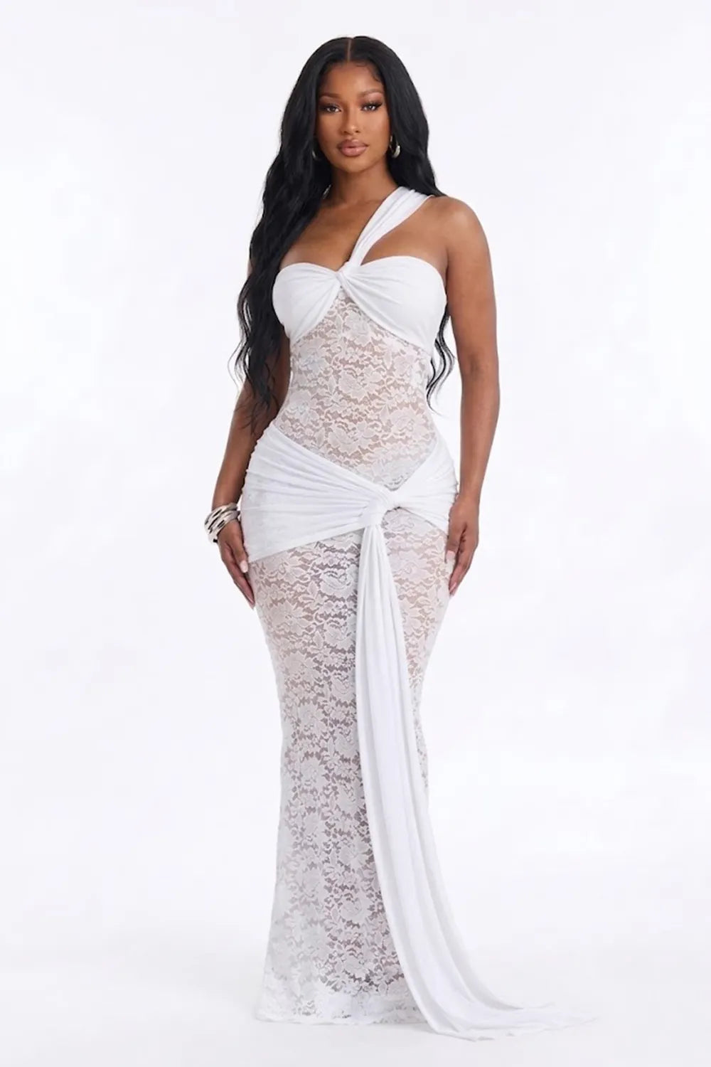 One Shoulder Floral Lace Knotted Sash Slim Fit Gowns Maxi Dresses-White