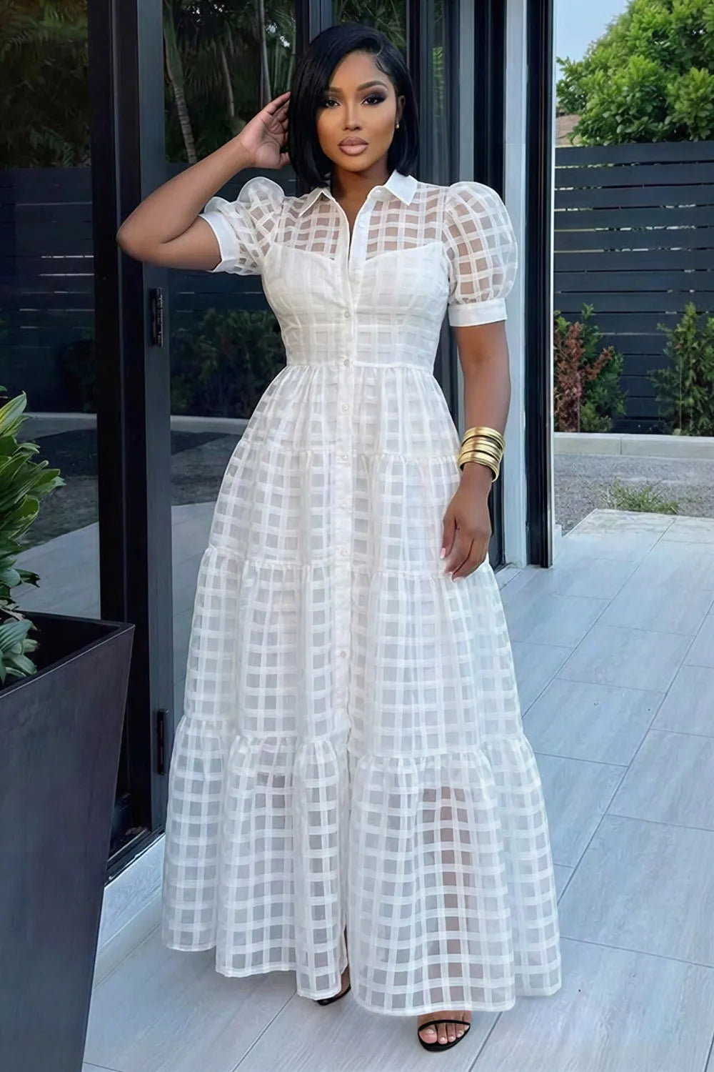 Collar Puff Sleeve Plaid A-Line Maxi Dresses-White