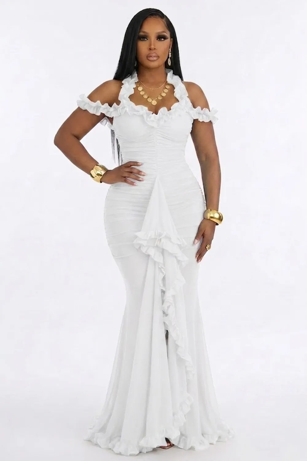 Frilled Halter Neck Off Shoulder Ruched Mermaid Party Maxi Dresses-Green
