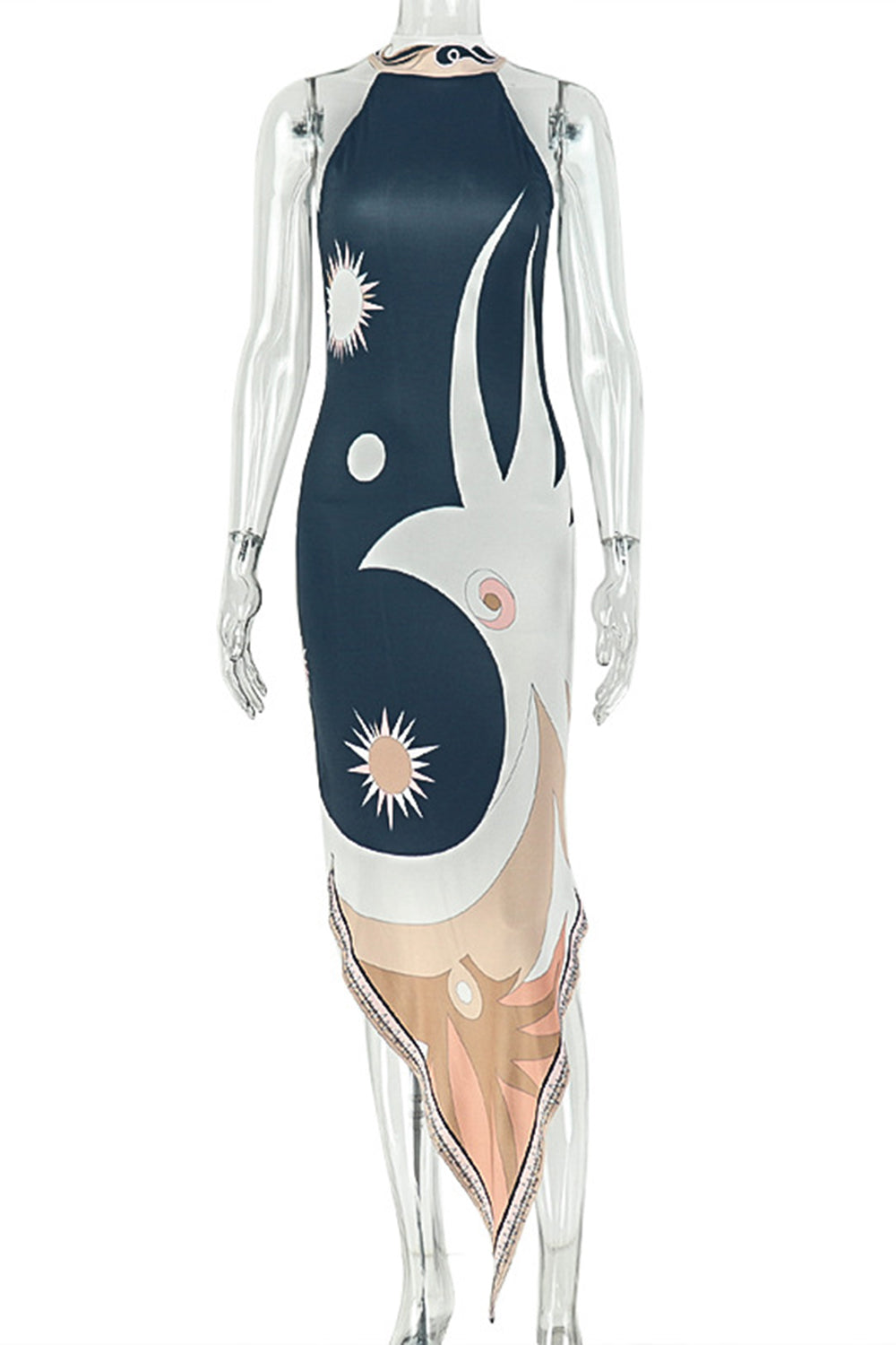 Halter Sleeveless Sun Print Slim Asymmetrical Hem Casual Midi Dresses-Black
