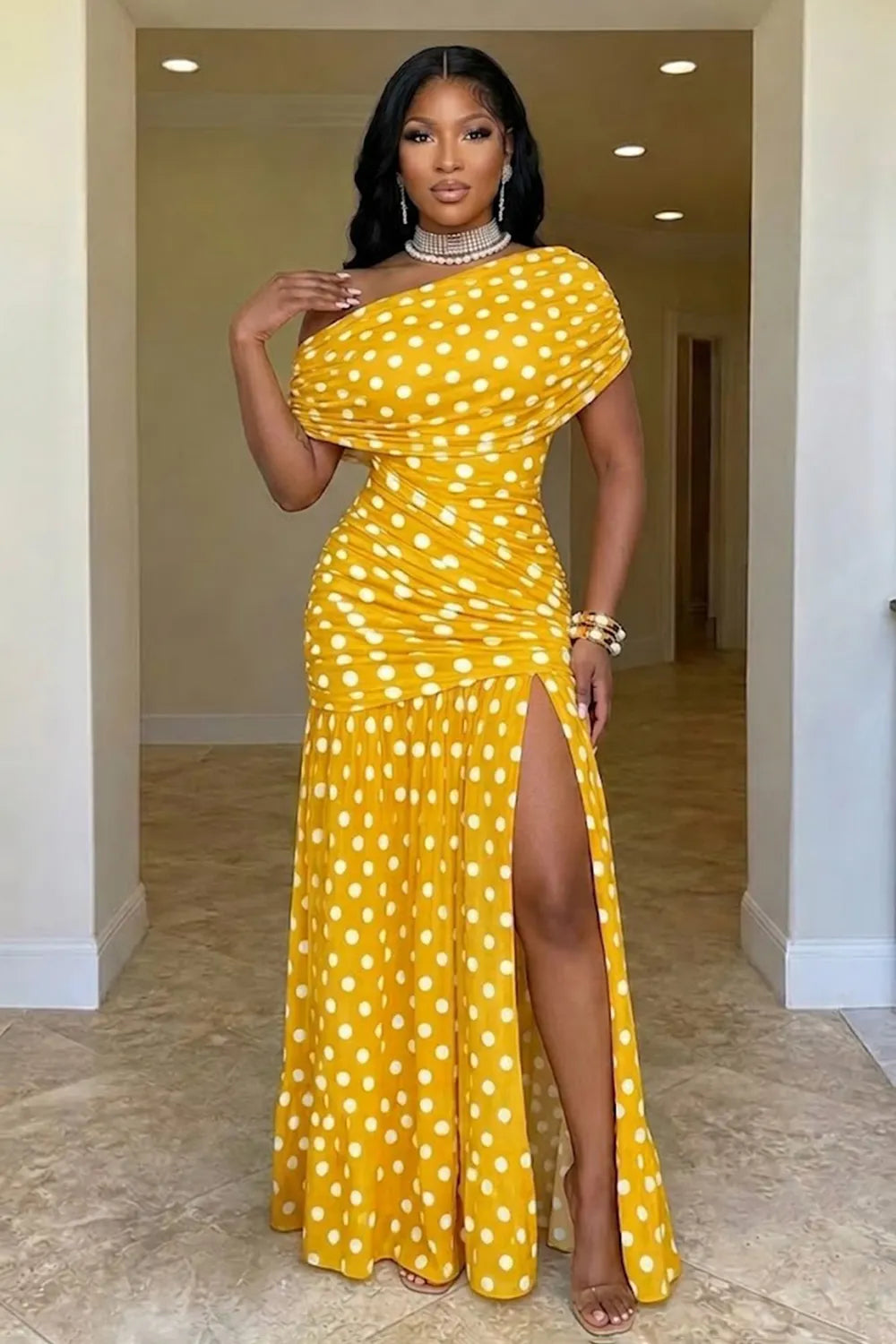 Oblique Collar Polka Dot Print High Slit Slim Fit Party Maxi Dresses-White