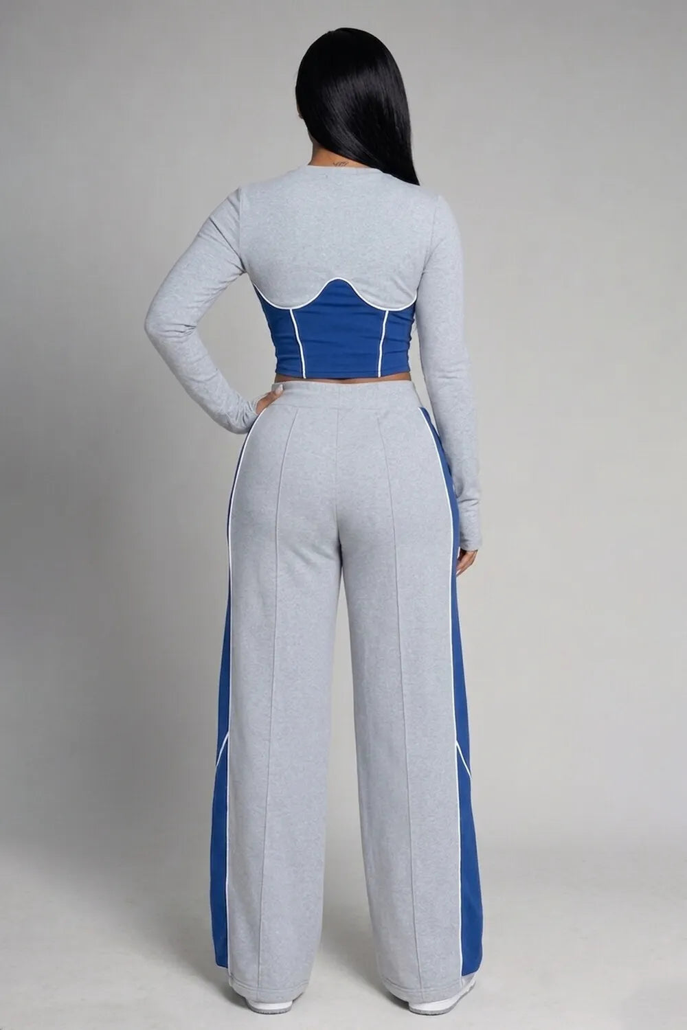 Contrast Round Neck Top Wide Leg Pants Casual 2pcs Set-Gray