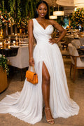One Shoulder Pleated Slit Evening Gowns Maxi Dresses-White