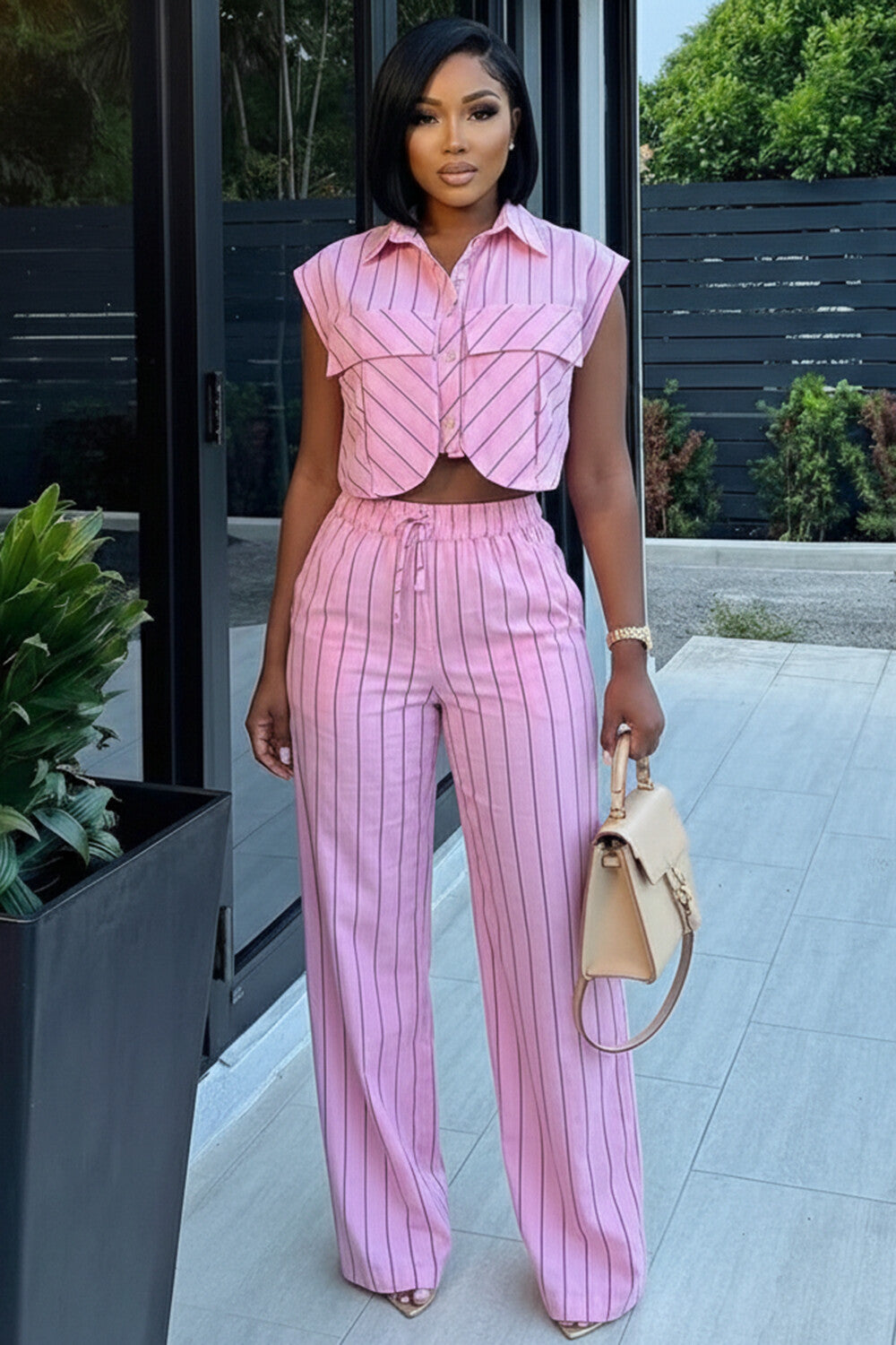 Collar Sleeveless Top Drawstring Pants 2pcs Set-Pink