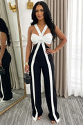 Colorblock Knotted Strapless Casual Wide Leg Jumpsuit-Black