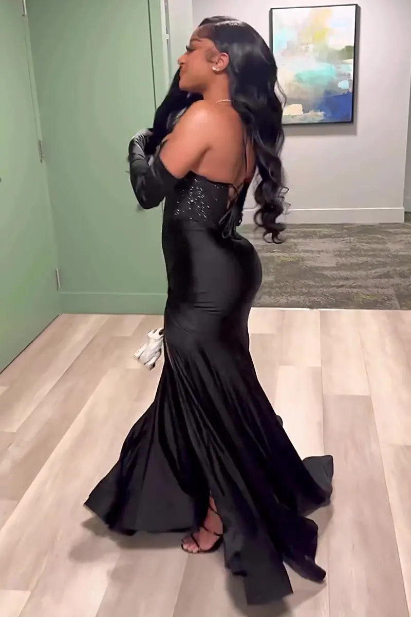 Black High Slit Mermaid Maxi Dress with Halter Neck and Corset Detail