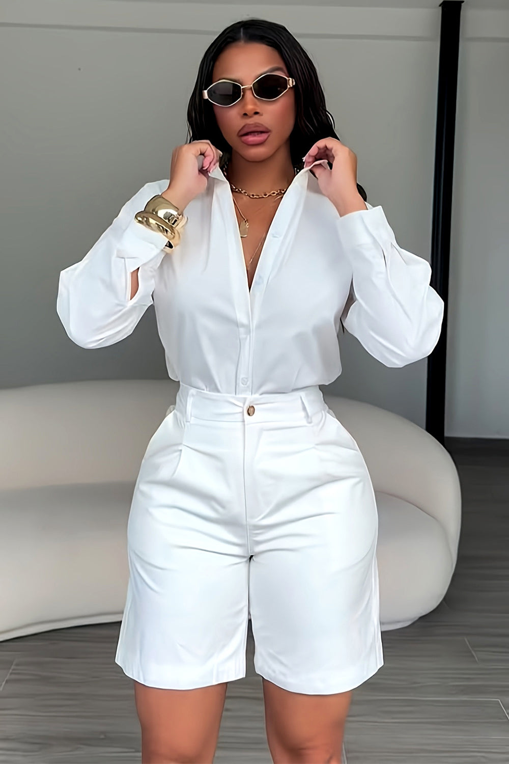 Solid Color  Collar Shirt High Waist Shorts Casual 2pcs Set-White