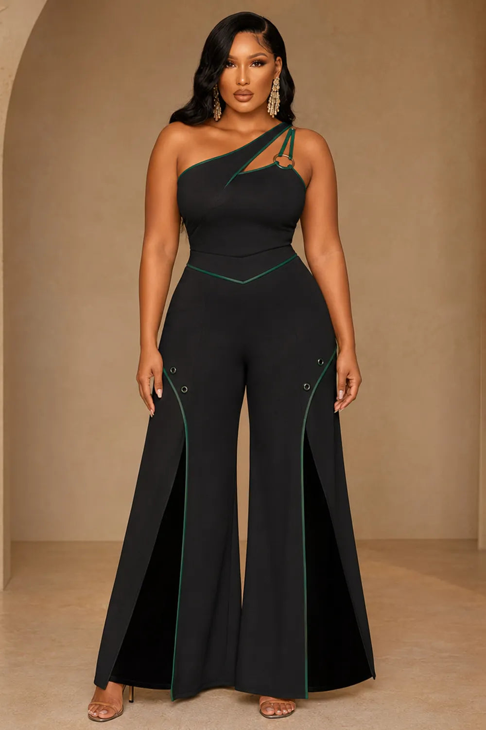 One Shoulder Contrast Piping Cinch Waist Flare Leg Jumpsuit-Black
