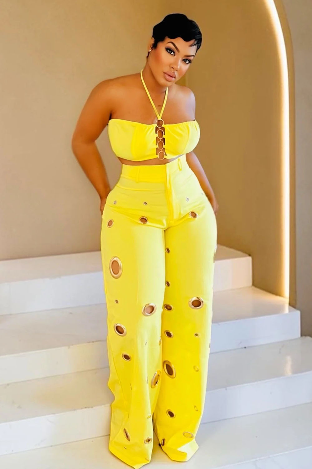 Halter Crop Top High Waist Hollow Pants Casual 2pcs Set-Yellow