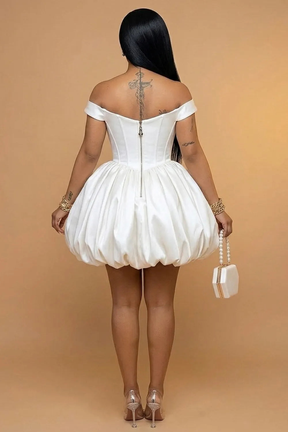 Off Shoulder Cinch Waist Ruched Bubble Gowns Mini Dresses-White